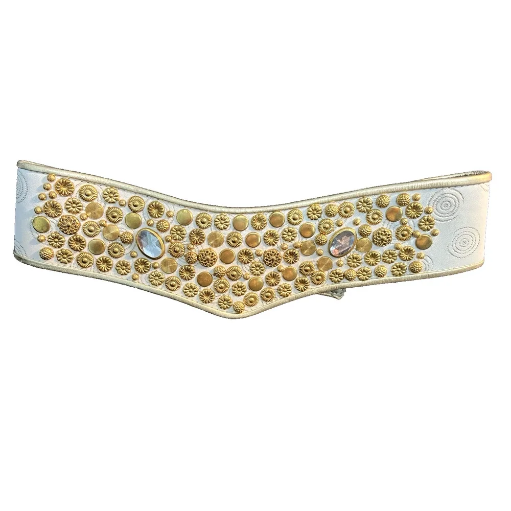MCM White Leather Wide BELT Gold Tone Studs & Diva Bling Crystal Rhinestones
